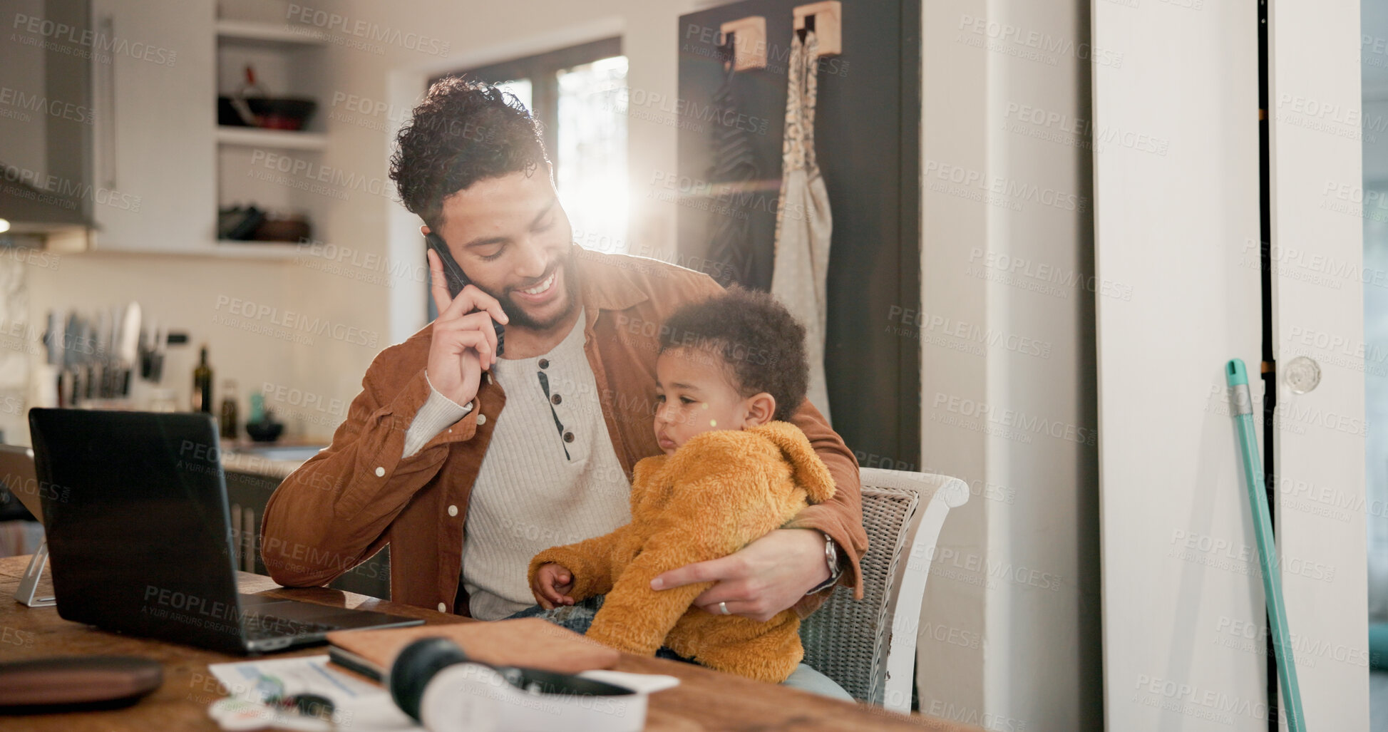 Buy stock photo Father, baby and phone call in home for remote work, multitasking and business negotiation for deal. Tech, flare and happy man with son for investment proposal, discussion  and support for childcare