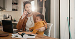 Phone call, laptop and father with baby in home for remote work, multitasking and business negotiation. Tech, man and son with discussion for investment proposal, flare and support for childcare