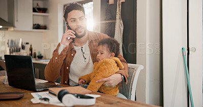 Buy stock photo Phone call, laptop and father with baby in home for remote work, multitasking and business negotiation. Tech, man and son with discussion for investment proposal, flare and support for childcare