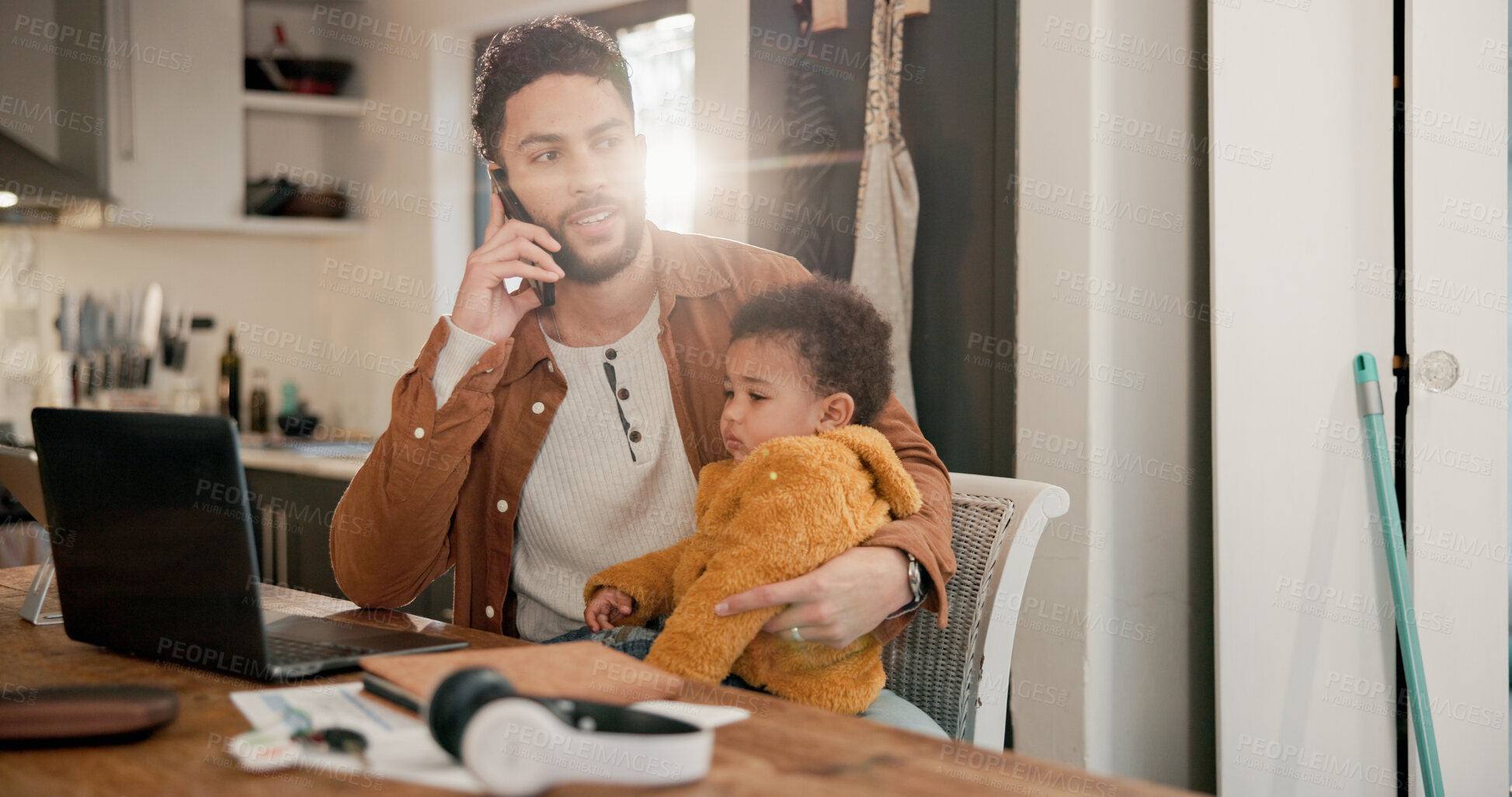 Buy stock photo Phone call, laptop and father with baby in home for remote work, multitasking and business negotiation. Tech, man and son with discussion for investment proposal, flare and support for childcare