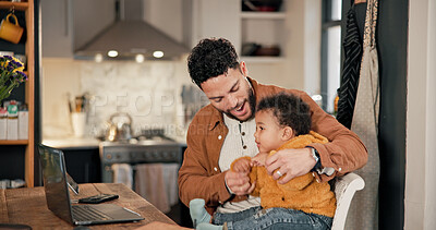 Buy stock photo Father, infant and smile for remote work in home, family bonding and playing together for multitasking. Connection, freelancer and man with son in kitchen for childcare, tech and support for love