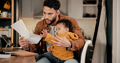 Buy stock photo Baby, documents and family with father in home for budget, finance research or remote work. Paperwork, reading and single parent man in apartment with infant child for financial investment report