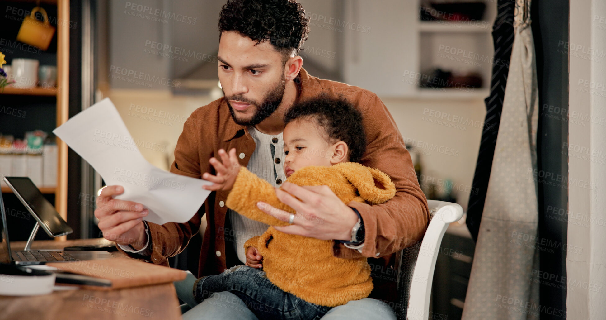 Buy stock photo Baby, documents and family with father in home for budget, finance research or remote work. Paperwork, reading and single parent man in apartment with infant child for financial investment report