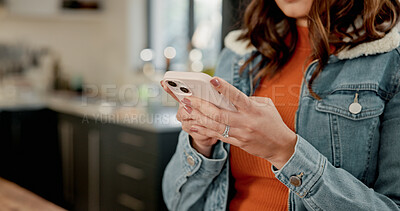 Buy stock photo Phone, hands and woman in home for internet search, check forum and article with app in kitchen. Mobile, person and communication in apartment, reading news and blog post with online notification