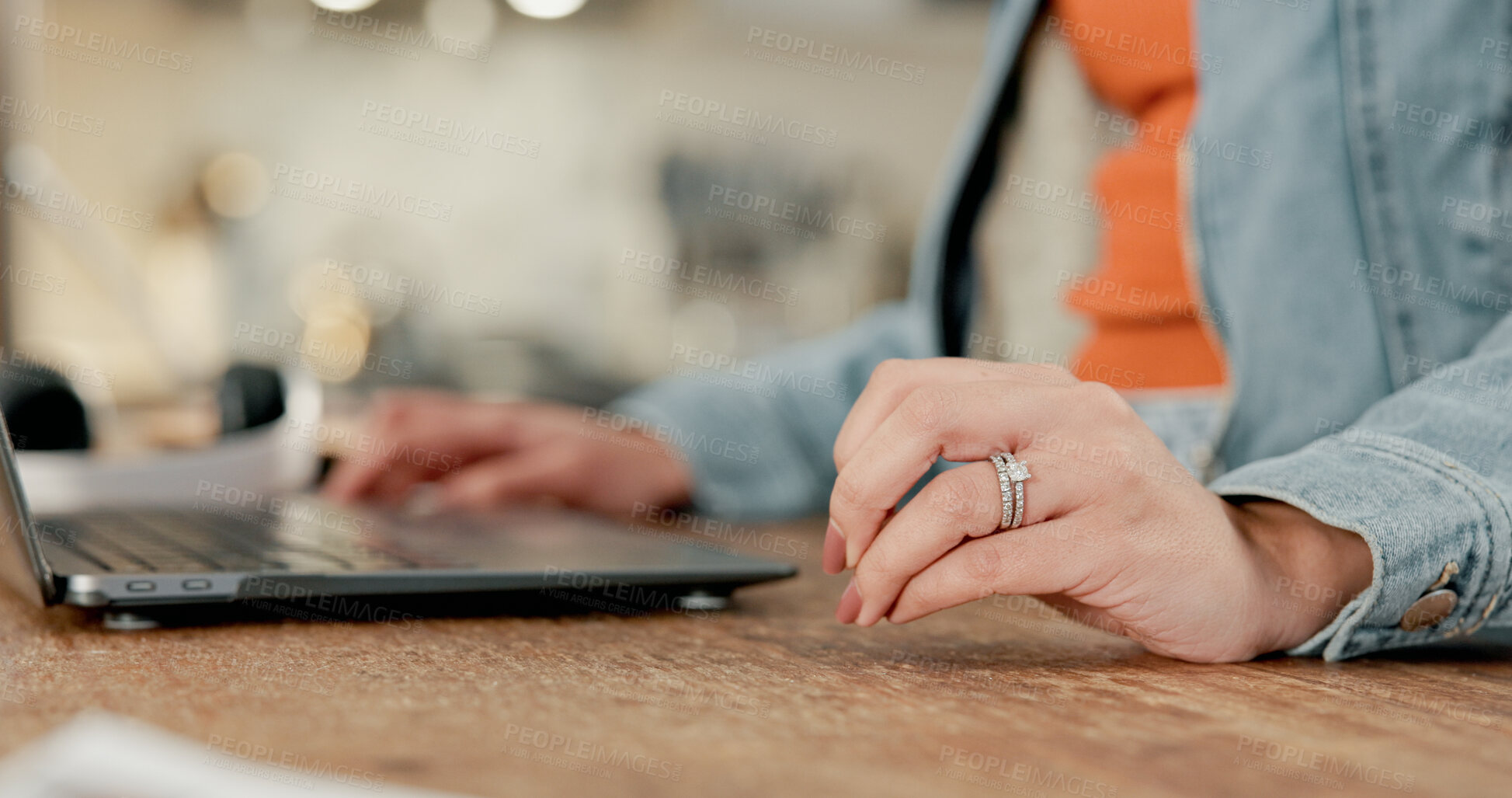 Buy stock photo Hands, laptop and woman in home, nervous for deadline and copywriting with mistake. Remote work, journalist and person in lounge, pc and frustrated with online rejection, anxiety and mental health