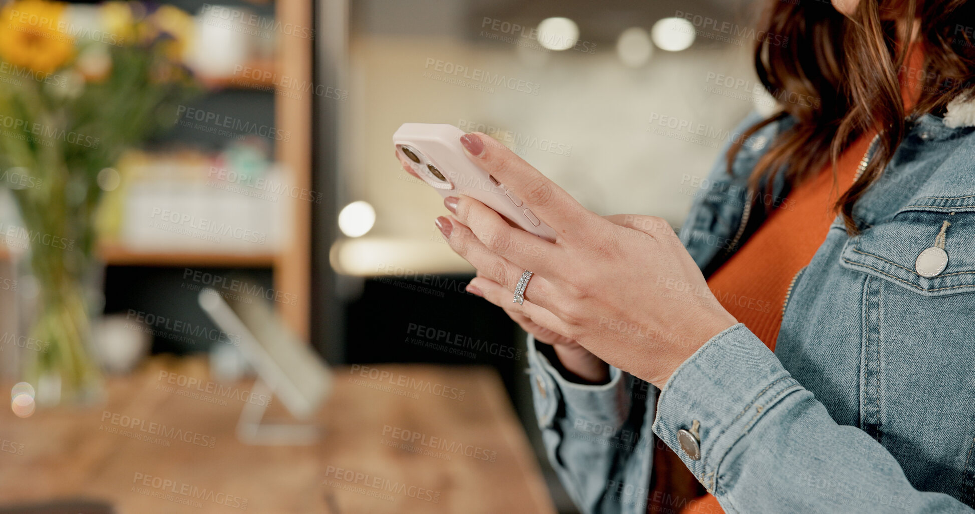 Buy stock photo Hands, smartphone and woman in home, typing and digital app for social media, texting and internet. Apartment, mobile user or person in living room, cellphone and connection for website info or email