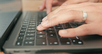 Buy stock photo Laptop, hands and person typing in workplace, review article or proposal with business email. Writing, closeup and journalist with computer keyboard for info, research or fact check for news story