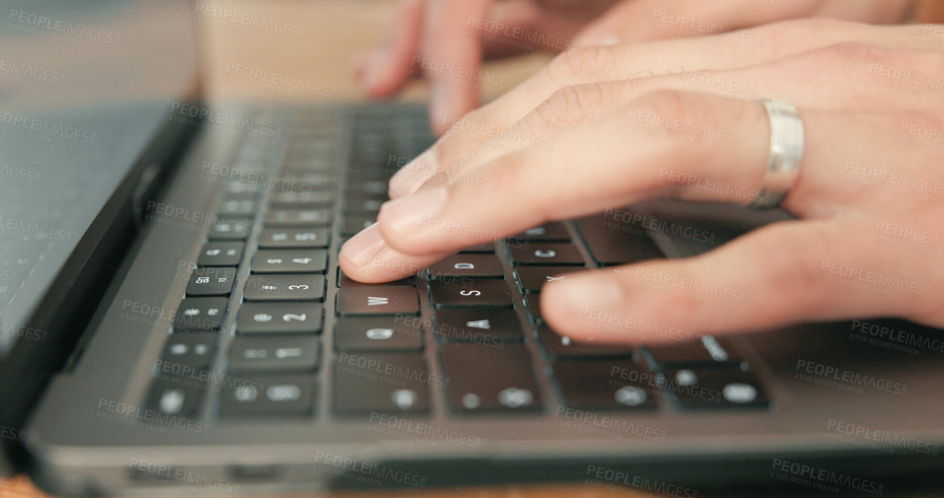 Buy stock photo Laptop, hands and person typing in workplace, review article or proposal with business email. Writing, closeup and journalist with computer keyboard for info, research or fact check for news story