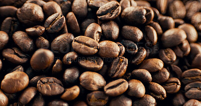 Buy stock photo Closeup, roast and coffee beans with seeds for production, textures and sustainable harvest. Granules, arabica grain or manufacturing process of caffeine, beverage extraction and espresso ingredients