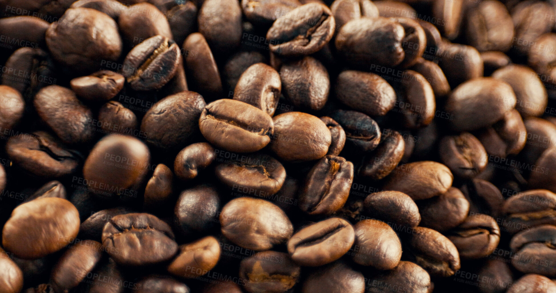 Buy stock photo Closeup, roast and coffee beans with seeds for production, textures and sustainable harvest. Granules, arabica grain or manufacturing process of caffeine, beverage extraction and espresso ingredients