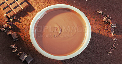 Buy stock photo Slab, bowl and melted chocolate for production, smooth texture and tempered mixture for baking. Above, setting process and cocoa with container for dessert preparation, confectionery and ingredients