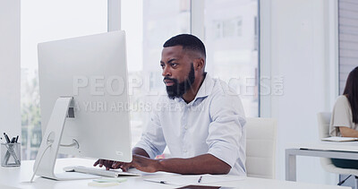 Buy stock photo Computer, reading and typing with designer man in workplace for online planning or research. Development, pc and review with design professional in coworking office for business or creative proposal