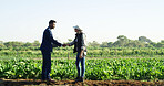 Deal, handshake and agriculture partnership at farm for sustainability teamwork, agreement or collaboration. Welcome, thank you and businessman with woman, shaking hands and b2b for support or trust