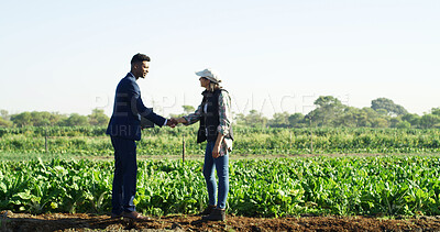 Buy stock photo Deal, handshake and agriculture partnership at farm for sustainability teamwork, agreement or collaboration. Welcome, thank you and businessman with farmer, shaking hands and field for b2b support