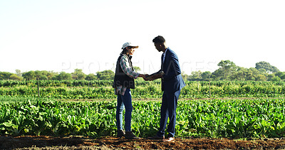 Buy stock photo Tablet, handshake and people at farm for sustainability teamwork, agreement or collaboration. Shaking hands, tech and businessman with farmer, inspection and quality assurance for support or deal