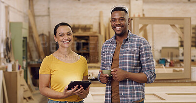 Buy stock photo Carpenter, tablet and people in workshop, portrait and email for inventory order, internet and coffee. Latte, man and woman in factory, tech and app for manufacturing schedule and production process