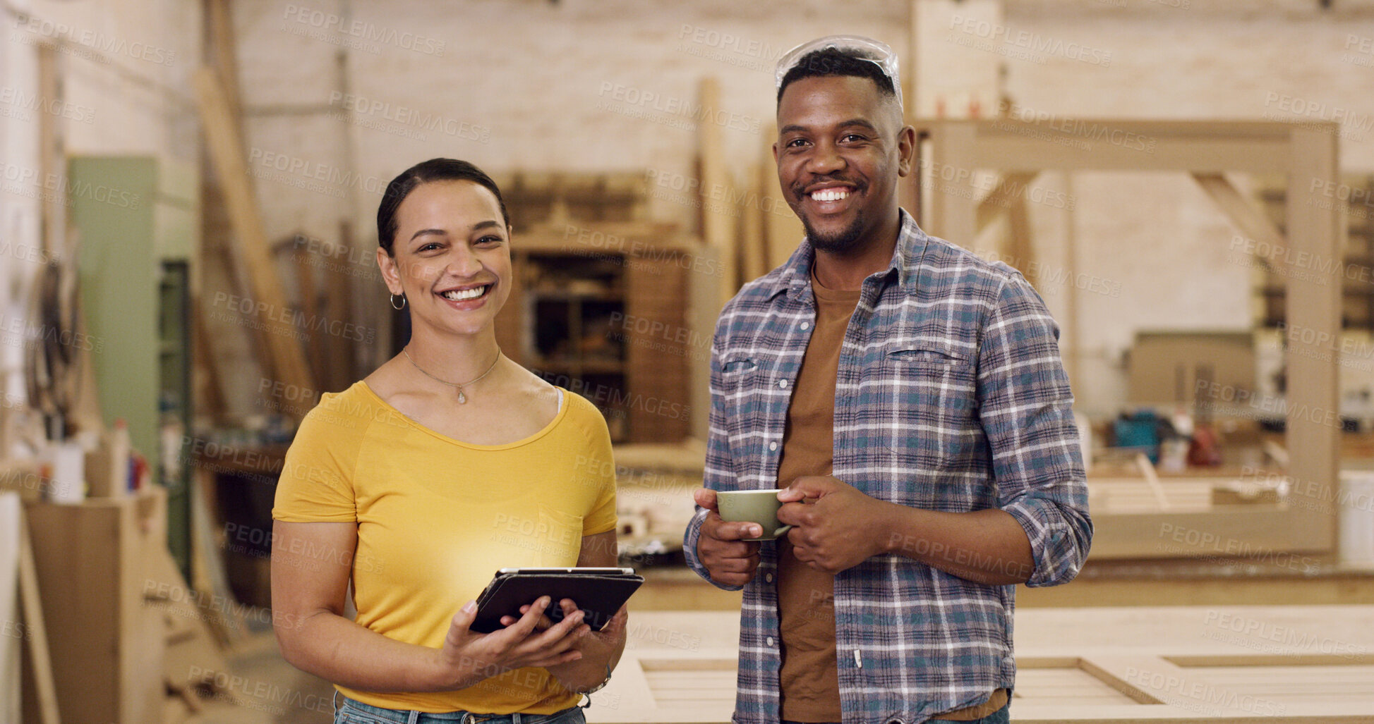 Buy stock photo Carpenter, tablet and people in workshop, portrait and email for inventory order, internet and coffee. Latte, man and woman in factory, tech and app for manufacturing schedule and production process