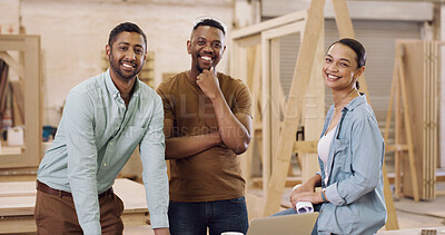 Buy stock photo Carpentry, happy and portrait of woodworkers in workshop with confidence for woodworking industry. Team, people and industrial employees with pride for collaboration in furniture manufacturing.