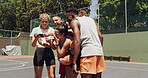 Sports, team and people with phone, break and watching game on social media with basketball group. Fitness, rest and friends with smartphone for videos, smile or scroll on web for entertainment