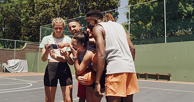 Buy stock photo Sports, team and people with phone, laugh and watching game on social media with basketball group. Fitness, comedy and friends with smartphone for videos, smile or scroll on web for entertainment