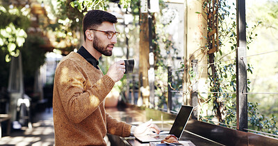 Buy stock photo Coffee, planning and remote work with businessman at restaurant for small business research. Drink, laptop and thinking with freelance employee at outdoor cafe for startup development or ideas