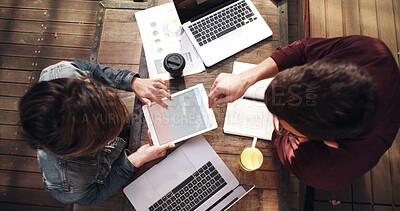 Buy stock photo Above, meeting and business people with cafe, tablet or b2b networking for website. Conversation, freelance teamwork and coffee shop communication with technology for remote work or project ideas