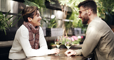 Buy stock photo Love, laugh or couple in restaurant with wine, connection or bonding together on anniversary. Happy, partner or people in bistro with drink, honeymoon or romantic date in healthy relationship.