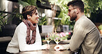 Love, smile or couple in in restaurant with champagne, connection or bonding together on anniversary. Happy, partner or people in bistro with wine, honeymoon or romantic date in healthy relationship.