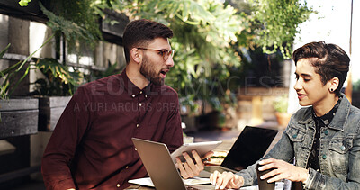 Buy stock photo Tech, meeting and business people with coffee shop, remote work or b2b networking for website. Discussion, freelance teamwork or cafe communication with laptop for conversation or project ideas