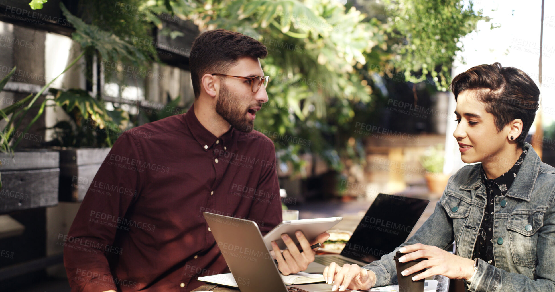 Buy stock photo Tech, meeting and business people with coffee shop, remote work or b2b networking for website. Discussion, freelance teamwork or cafe communication with laptop for conversation or project ideas