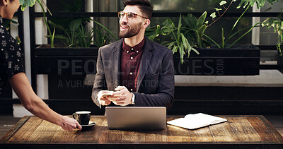 Buy stock photo Laptop, coffee and waitress with businessman in cafe for customer service, order or hospitality. Tech, people and server with freelance editor for warm beverage with creative project at restaurant.