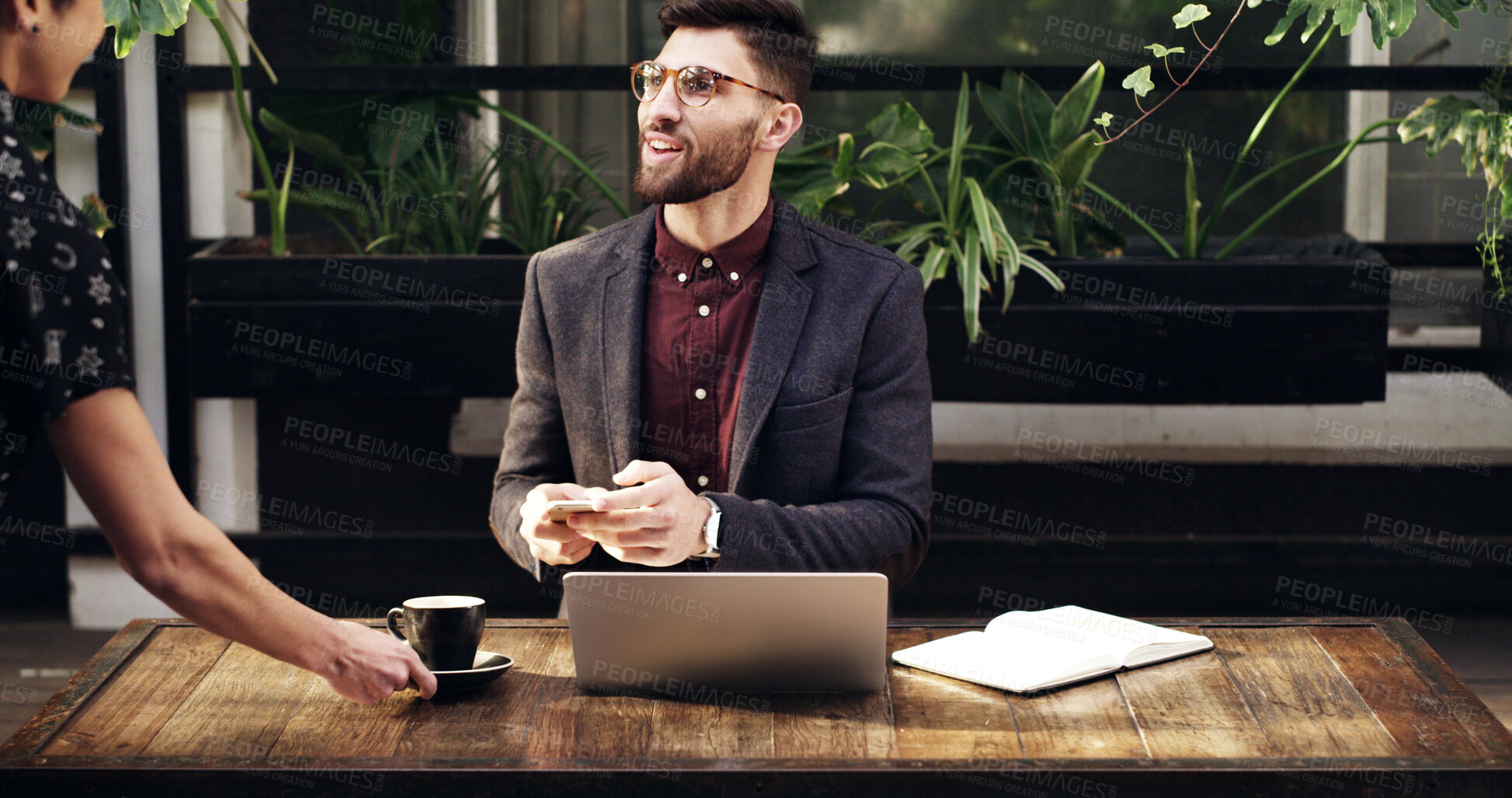 Buy stock photo Laptop, coffee and waitress with businessman in cafe for customer service, order or hospitality. Tech, people and server with freelance editor for warm beverage with creative project at restaurant.