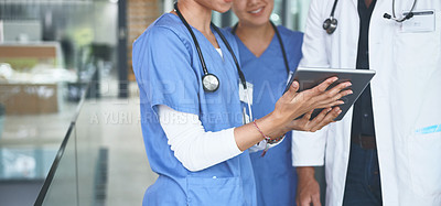Buy stock photo Doctor, tablet and meeting with hands in hospital for medical report, advice and surgery schedule. Healthcare, consulting and online feedback with people in clinic for planning, telehealth and team