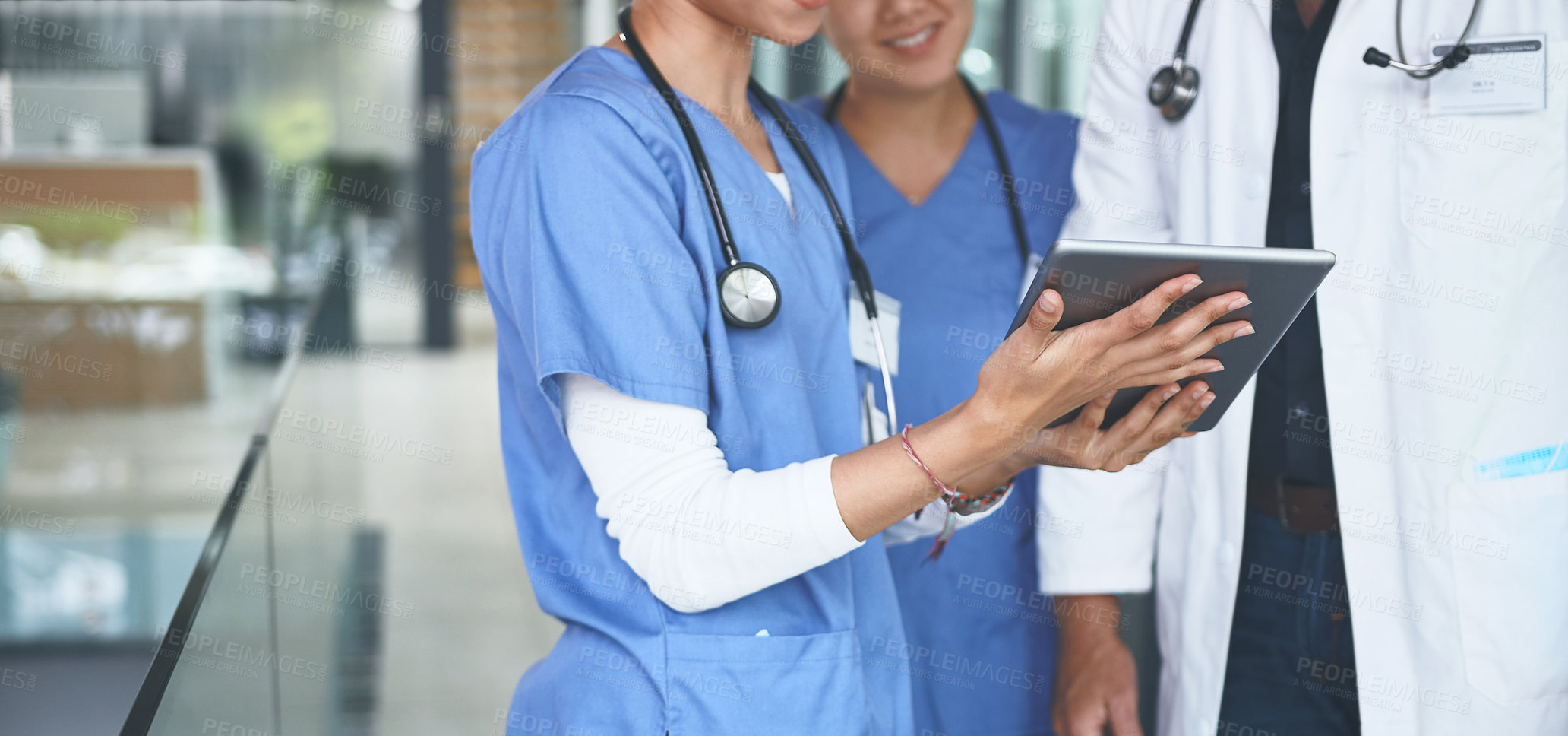 Buy stock photo Doctor, tablet and meeting with hands in hospital for medical report, advice and surgery schedule. Healthcare, consulting and online feedback with people in clinic for planning, telehealth and team