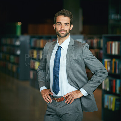 Buy stock photo Portrait, lawyer and man in library, smile and career ambition with about us, legal aid and pride. Professional, person and attorney with confidence, research for criminal case or vision for business