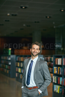 Buy stock photo Portrait, lawyer and man in library, happiness and career ambition with about us, legal aid or confidence. Professional, person or attorney with pride, research for criminal case or smile with vision