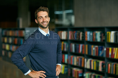Buy stock photo University, confidence or professor in library with portrait, job or pride in academic position. Happy, man or lecturer on college campus with about us, career or experience in education industry.