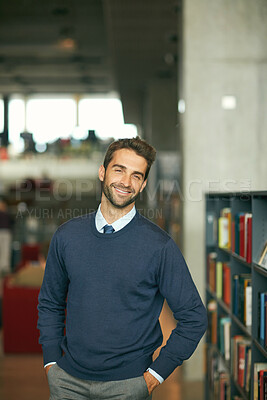 Buy stock photo University, pride or professor in library with portrait, job or confidence in academic position. Happy, man or lecturer on college campus with about us, career or experience in education industry.