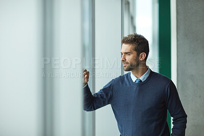 Buy stock photo Thinking, idea or man in office with window, mindfulness or inspiration for career growth. Reflection, space or employee at agency with solution, perspective or daydreaming on professional goals.