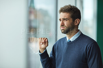 Buy stock photo Office, window and businessman with stress for decision, unhappy and thinking with financial crisis. Entrepreneur, reflection and person with anxiety for investment fail, pressure or wonder with debt