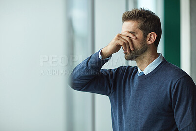 Buy stock photo Office, window and businessman with stress for financial crisis, unhappy and thinking with pressure. Entrepreneur, reflection and person with anxiety for investment fail, decision or wonder with debt