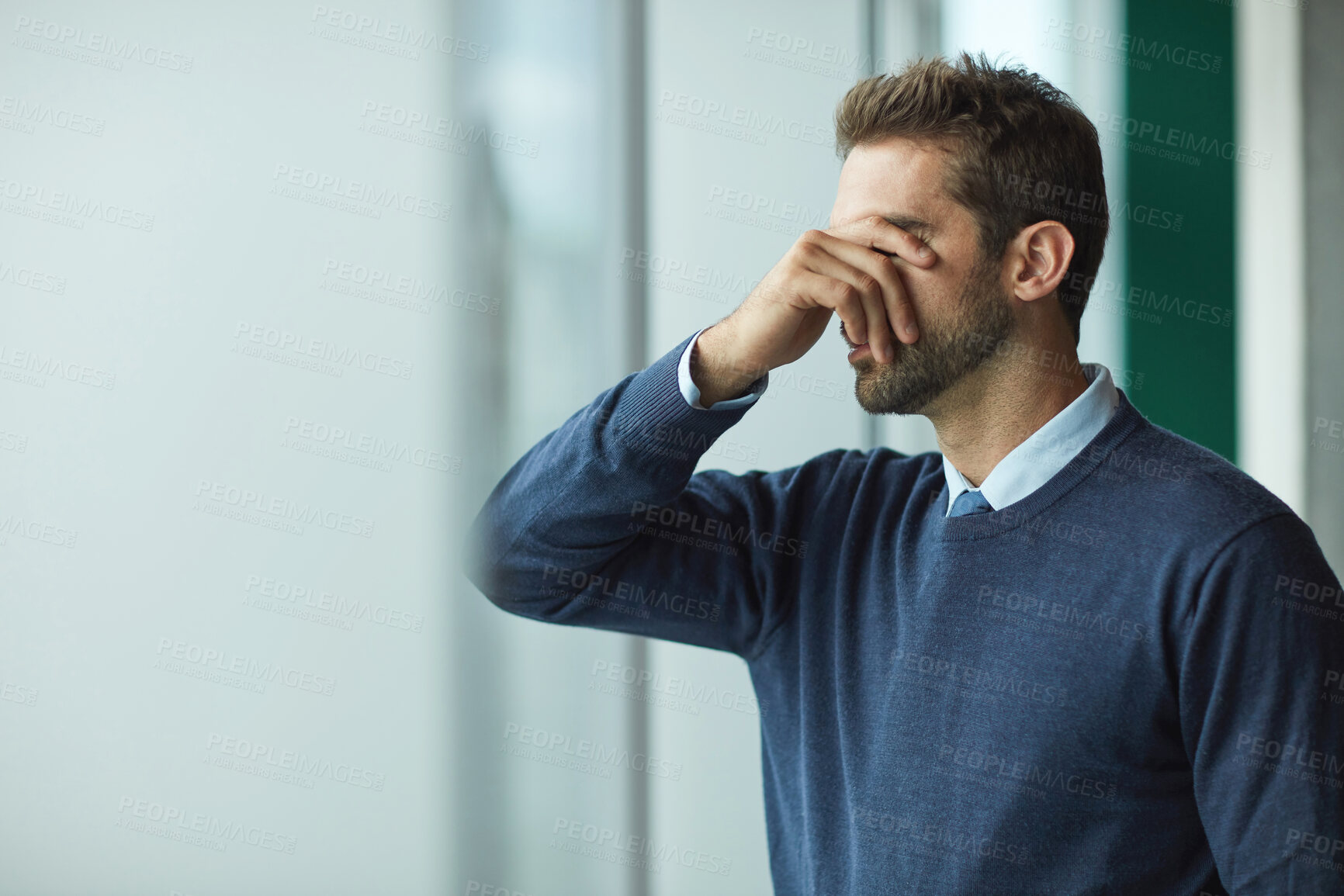 Buy stock photo Office, window and businessman with stress for financial crisis, unhappy and thinking with pressure. Entrepreneur, reflection and person with anxiety for investment fail, decision or wonder with debt