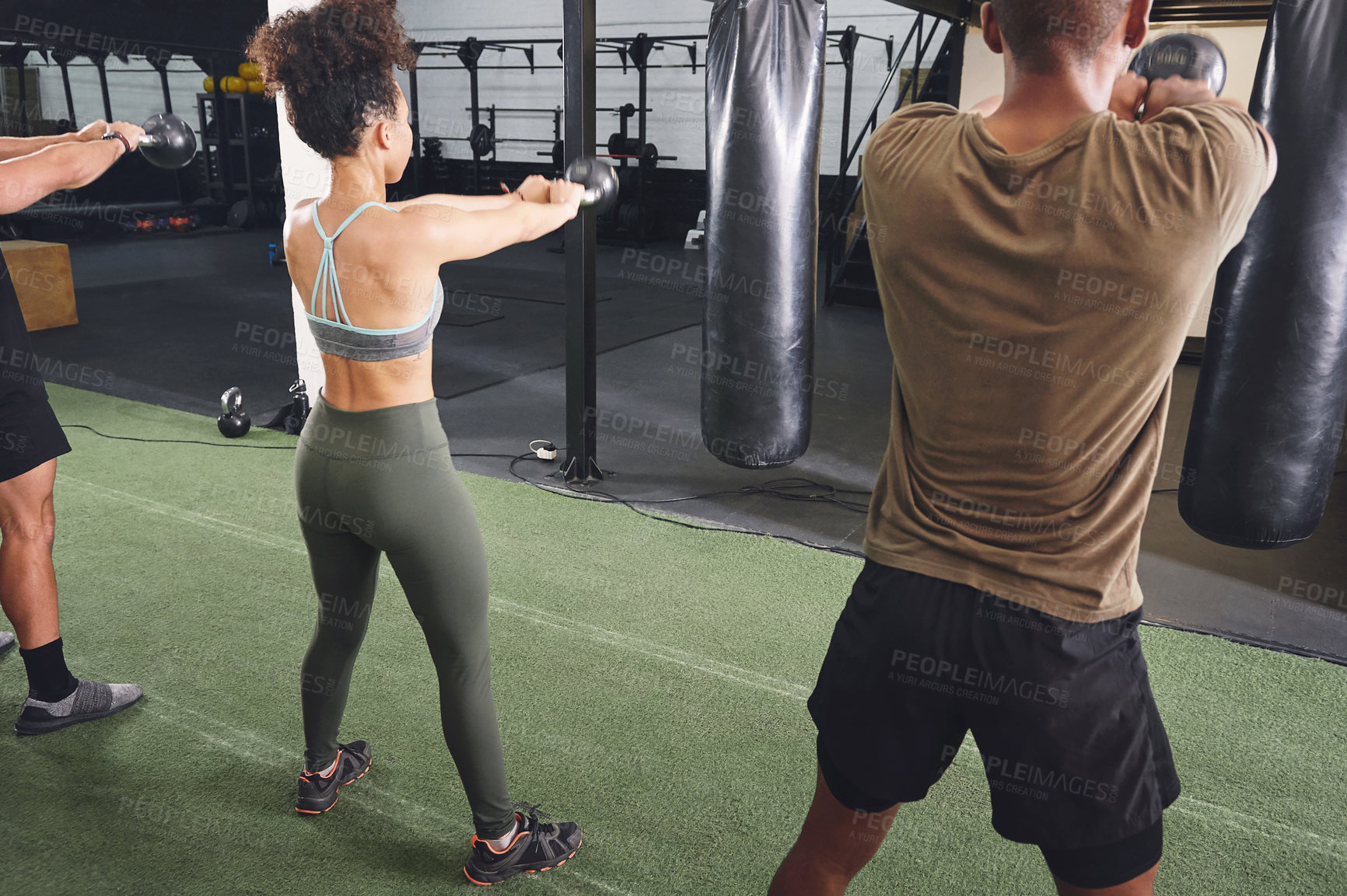 Buy stock photo Fitness, class and back of people with kettlebell for workout, muscle strength and exercise. Sports, health club and men and woman with gym weights for bodybuilder training, challenge and strong arms