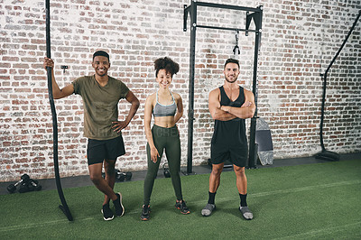 Buy stock photo Group, portrait and people in gym for fitness, exercise and training for confidence. Men, woman and smile with motivation for workout, physical activity and support for strong muscle in health center