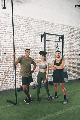 Buy stock photo Athlete, portrait and people in gym for exercise, fitness and training for confidence. Men, woman and smile with motivation for workout, physical activity and support for muscle in health center