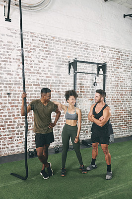 Buy stock photo Group, athlete and people in gym for fitness, exercise advice and training feedback. Men, woman and smile with discussion for workout, physical activity and tips for strong muscle in health center