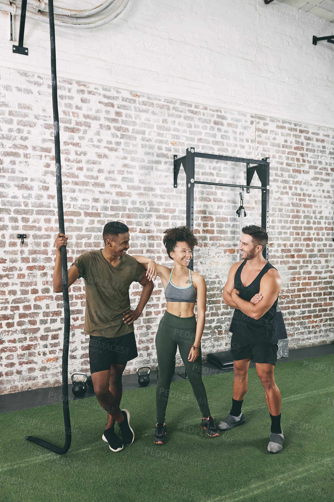 Buy stock photo Group, athlete and people in gym for fitness, exercise advice and training feedback. Men, woman and smile with discussion for workout, physical activity and tips for strong muscle in health center