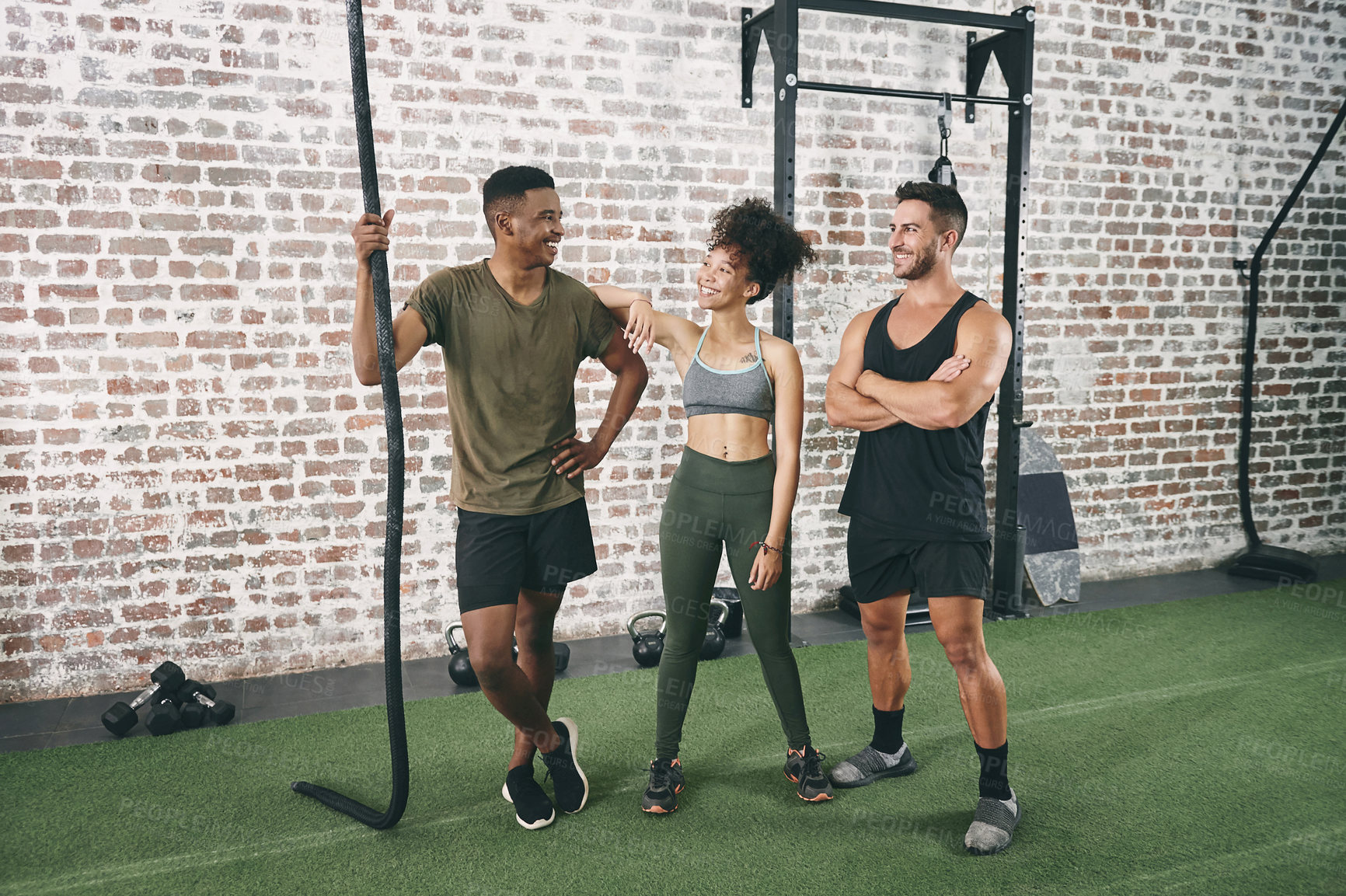 Buy stock photo Group, friends and people in gym for fitness, exercise advice and training feedback. Men, woman and smile with discussion for workout, physical activity and tips for strong muscle in health center