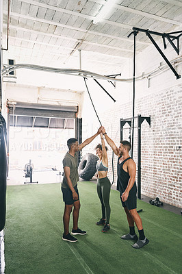 Buy stock photo High five, support and workout with people in gym for fitness partner, health goal and motivation. Success, training team and exercise target with friends in sports center for wellness and community
