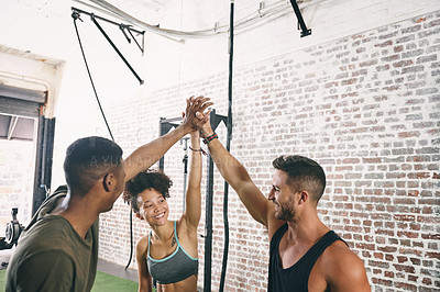 Buy stock photo High five, support and training with people in gym for workout partner, health goal and motivation. Success, fitness team and exercise target with friends in sports center for wellness and community